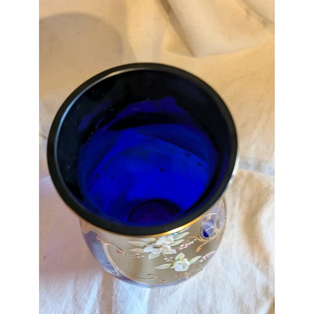 Vintage Cobalt Blue Bohemian Czech Crystal Vase Flowers 24kt Gold 10 in Tall